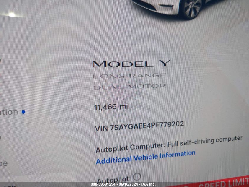 2023 Tesla Model Y Awd/Long Range Dual Motor All-Wheel Drive VIN: 7SAYGAEE4PF779202 Lot: 39591294