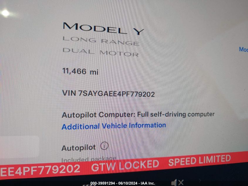 2023 Tesla Model Y Awd/Long Range Dual Motor All-Wheel Drive VIN: 7SAYGAEE4PF779202 Lot: 39591294