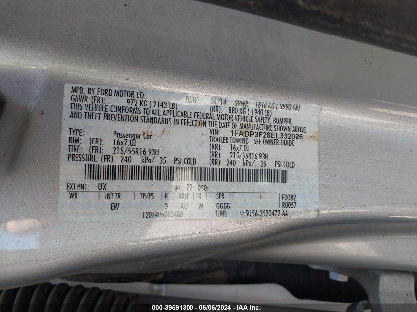 2014 Ford Focus Se VIN: 1FADP3F26EL332026 Lot: 39591300