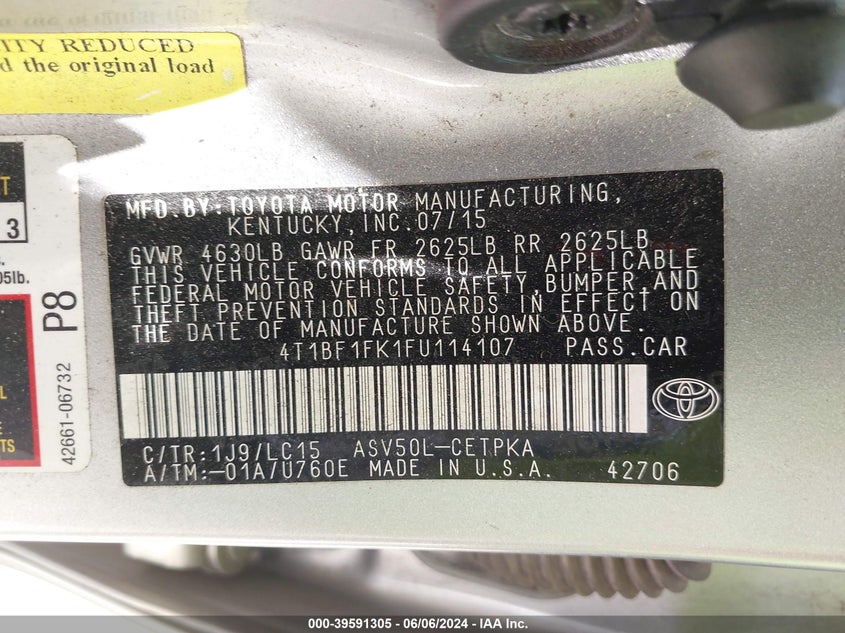 2015 Toyota Camry Xse VIN: 4T1BF1FK1FU114107 Lot: 39591305