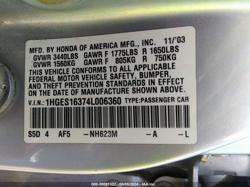 2004 Honda Civic Dx Vp VIN: 1HGES16374L006360 Lot: 39591322