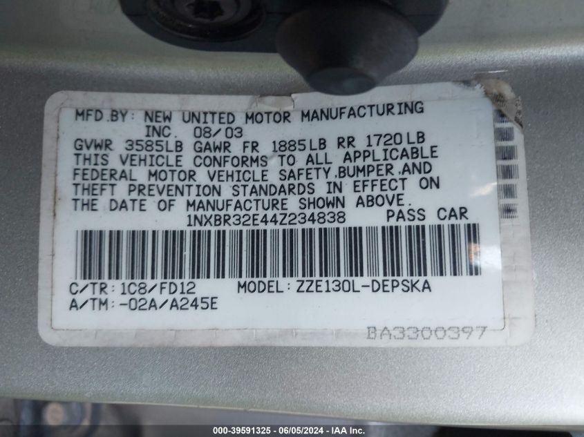 2004 Toyota Corolla S VIN: 1NXBR32E44Z234838 Lot: 39591325