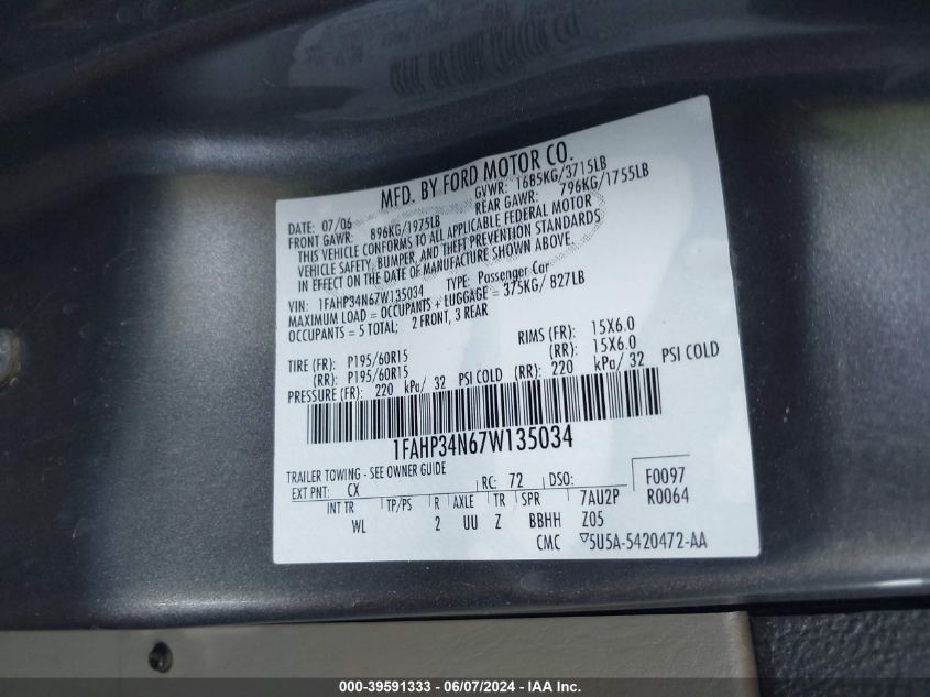 2007 Ford Focus S/Se/Ses VIN: 1FAHP34N67W135034 Lot: 39591333