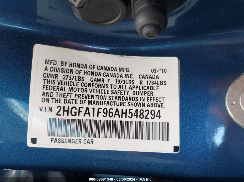 2010 Honda Civic Ex-L VIN: 2HGFA1F96AH548294 Lot: 39591348