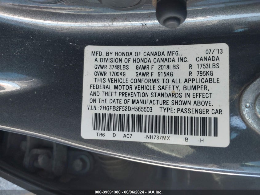 2013 Honda Civic Lx VIN: 2HGFB2F52DH565503 Lot: 39591380