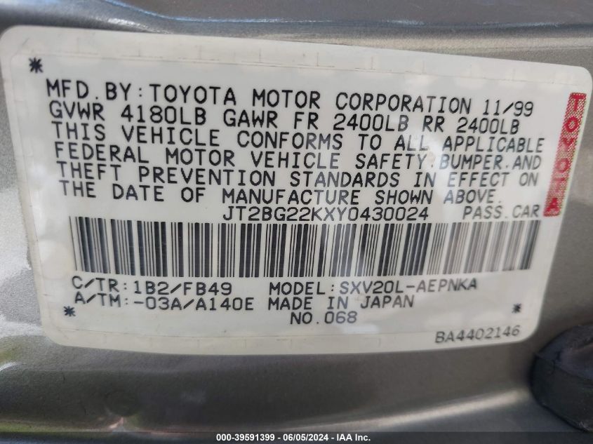 2000 Toyota Camry Le VIN: JT2BG22KXY0430024 Lot: 39591399