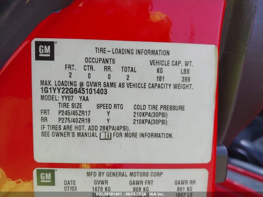 2004 Chevrolet Corvette VIN: 1G1YY22G645101403 Lot: 39591401