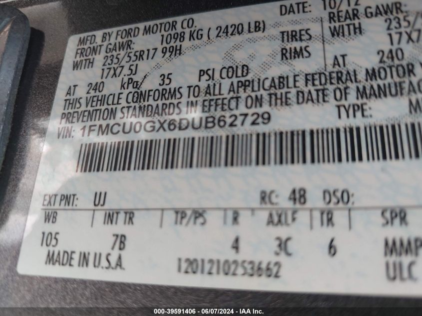 2013 Ford Escape Se VIN: 1FMCU0GX6DUB62729 Lot: 39591406