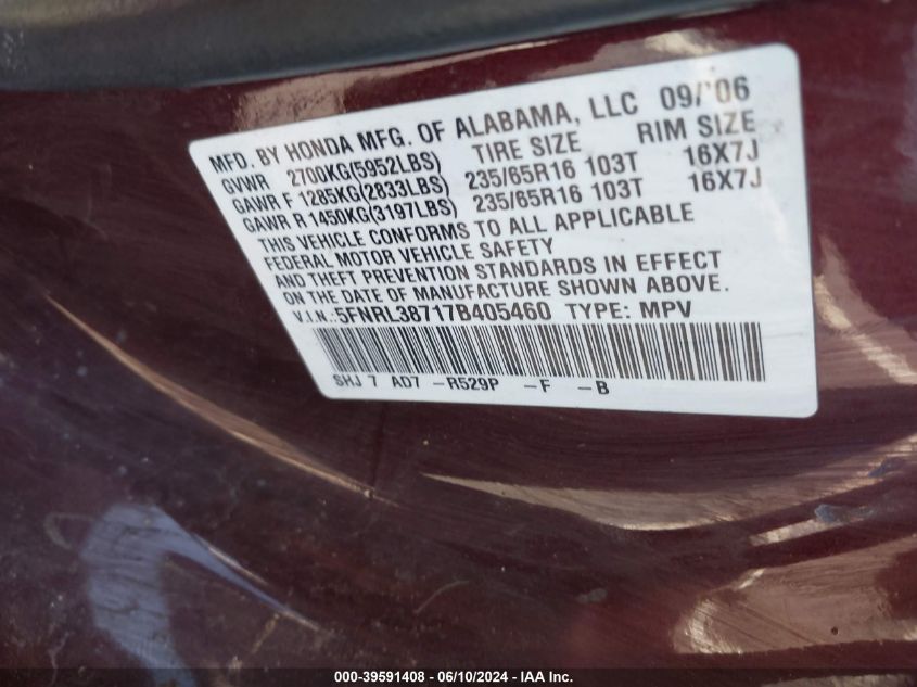 2007 Honda Odyssey Ex-L VIN: 5FNRL38717B405460 Lot: 39591408