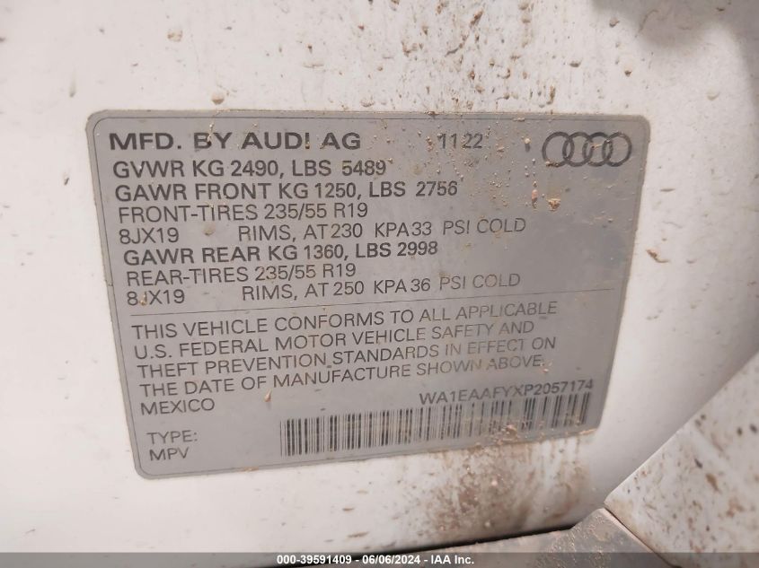 2023 Audi Q5 Premium Plus 45 Tfsi S Line Quattro VIN: WA1EAAFYXP2057174 Lot: 39591409