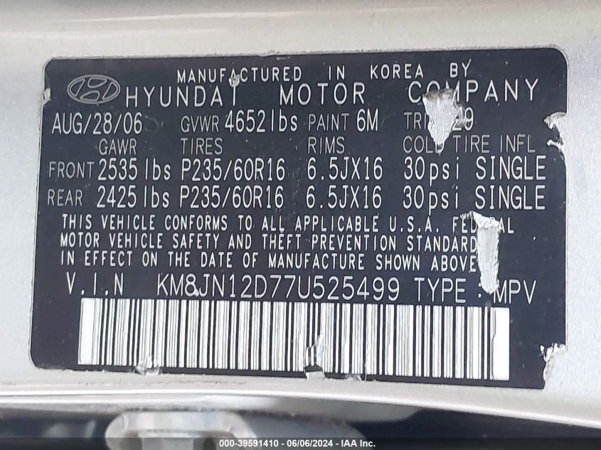 2007 Hyundai Tucson Limited/Se VIN: KM8JN12D77U525499 Lot: 39591410