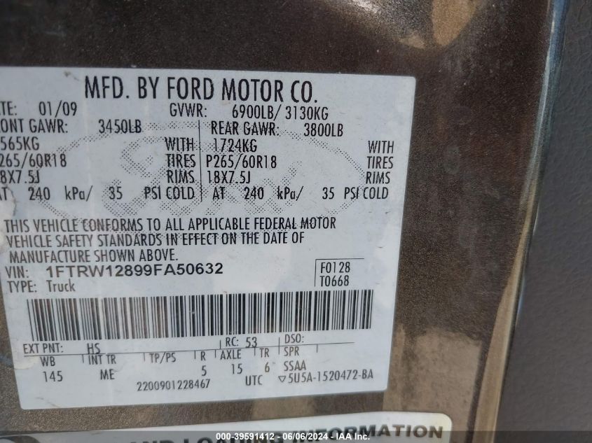 2009 Ford F-150 Xlt VIN: 1FTRW12899FA50632 Lot: 39591412