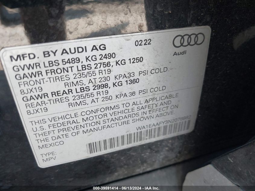 2022 Audi Q5 Premium Plus 45 Tfsi S Line Quattro S Tronic VIN: WA1EAAFY3N2078882 Lot: 39591414