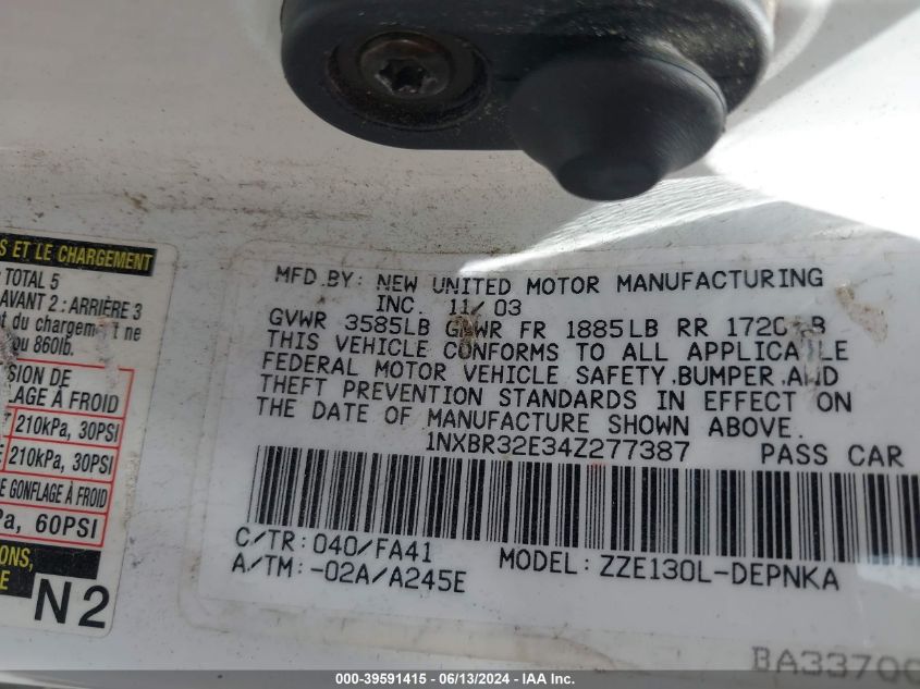 2004 Toyota Corolla Le VIN: 1NXBR32E34Z277387 Lot: 39591415