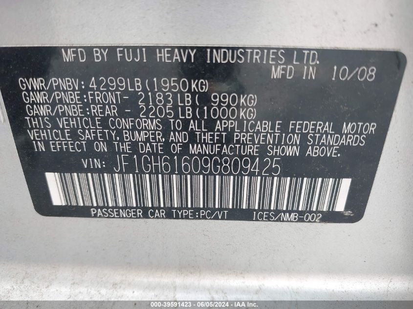 2009 Subaru Impreza 2.5I VIN: JF1GH61609G809425 Lot: 39591423