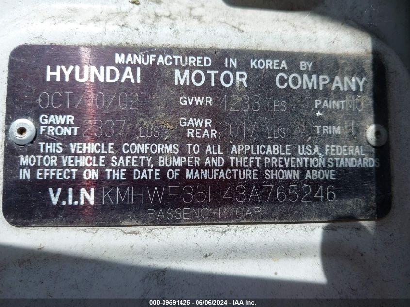 2003 Hyundai Sonata Gls/Lx VIN: KMHWF35H43A765246 Lot: 39591425