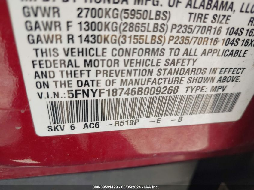 2006 Honda Pilot Ex-L VIN: 5FNYF18746B009268 Lot: 39591429