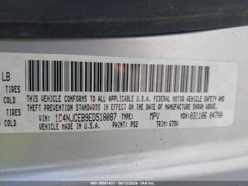 2014 Jeep Compass Latitude VIN: 1C4NJCEB9ED518087 Lot: 39591431