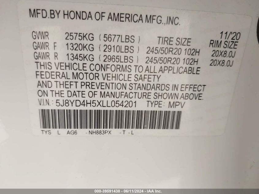 2020 Acura Mdx Technology Package VIN: 5J8YD4H5XLL054201 Lot: 39591438