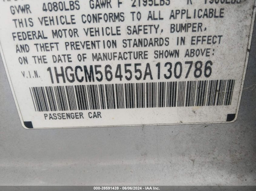 2005 Honda Accord 2.4 Lx VIN: 1HGCM56455A130786 Lot: 39591439
