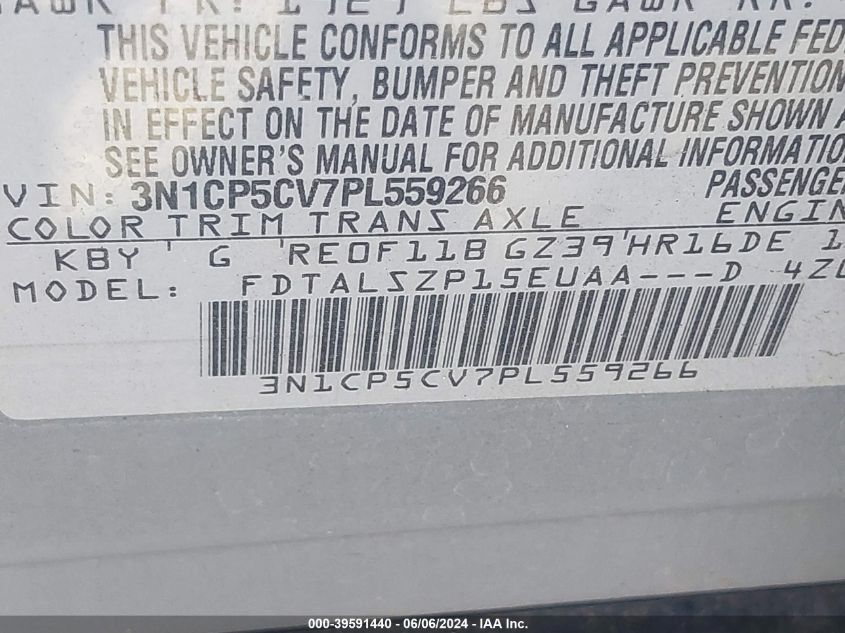 2023 Nissan Kicks Sv Xtronic Cvt VIN: 3N1CP5CV7PL559266 Lot: 39591440