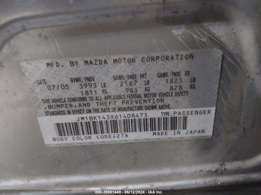 2006 Mazda Mazda3 S/S Grand Touring/S Touring VIN: JM1BK143X61408473 Lot: 39591449
