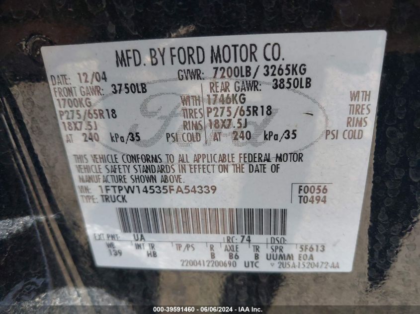 2005 Ford F-150 Fx4/Lariat/Xlt VIN: 1FTPW14535FA54339 Lot: 39591460