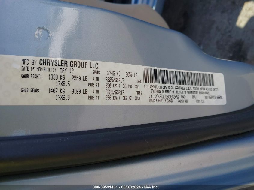 2012 Chrysler Town & Country Limited VIN: 2C4RC1GG0CR369457 Lot: 39591461