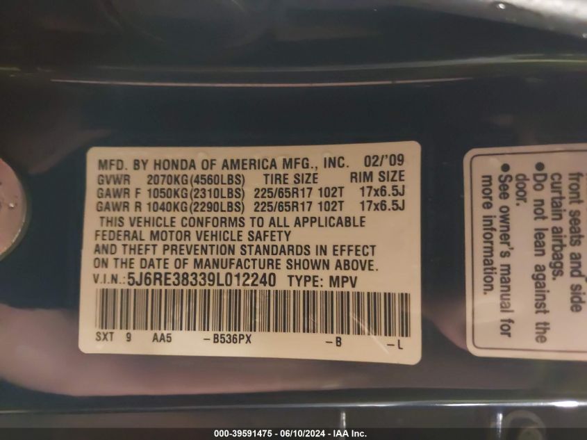 2009 Honda Cr-V Lx VIN: 5J6RE38339L012240 Lot: 39591475