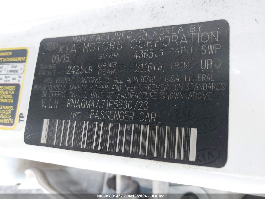 2015 Kia Optima Lx VIN: KNAGM4A71F5630723 Lot: 39591477