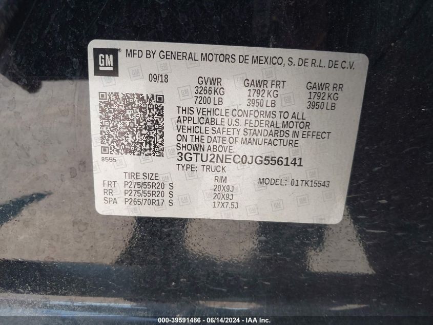 2018 GMC Sierra 1500 Slt VIN: 3GTU2NEC0JG556141 Lot: 39591486