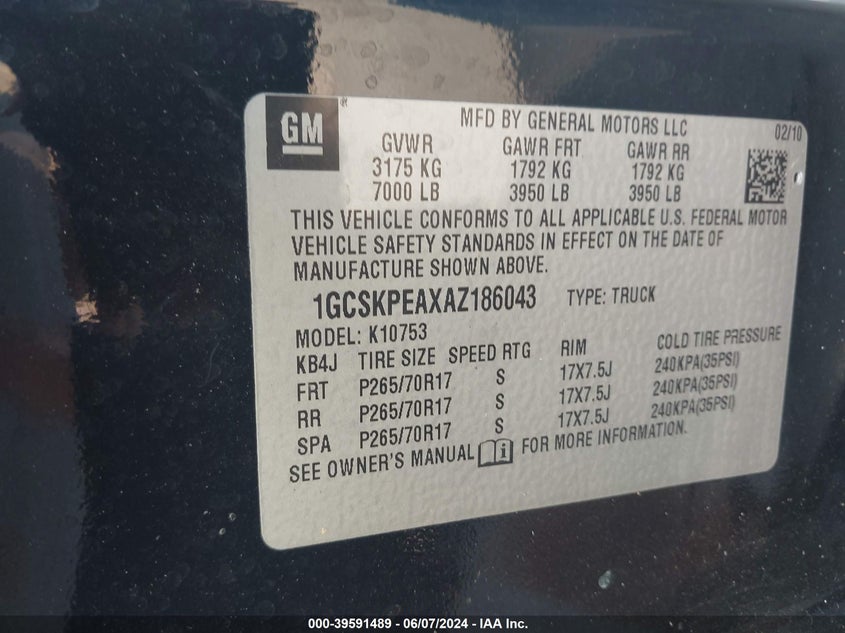 2010 Chevrolet Silverado 1500 Work Truck VIN: 1GCSKPEAXAZ186043 Lot: 39591489