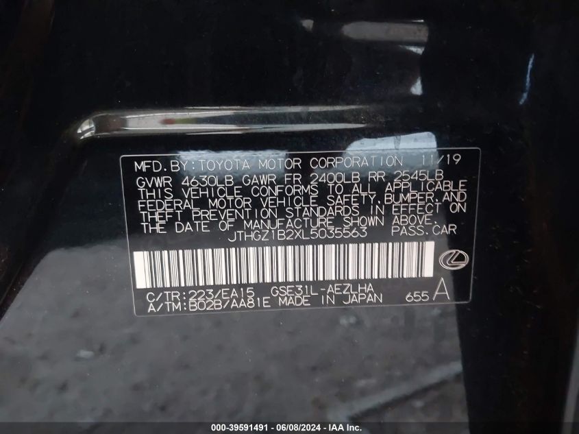 2020 Lexus Is 350 VIN: JTHGZ1B2XL5035563 Lot: 39591491