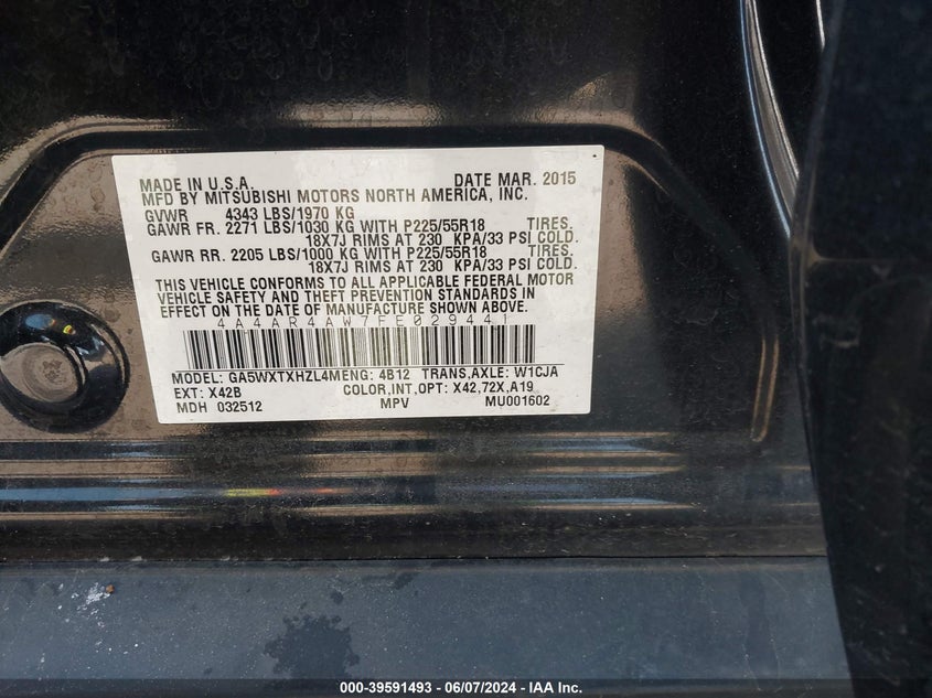 2015 Mitsubishi Outlander Sport Gt VIN: 4A4AR4AW7FE029441 Lot: 39591493