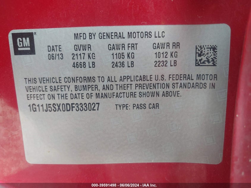 2013 Chevrolet Malibu 2Lz VIN: 1G11J5SX0DF333027 Lot: 39591498