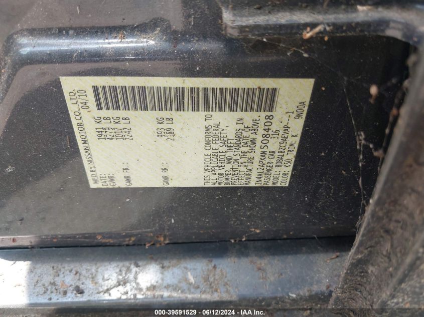 2010 Nissan Altima 2.5 S VIN: 1N4AL2APXAN508408 Lot: 39591529