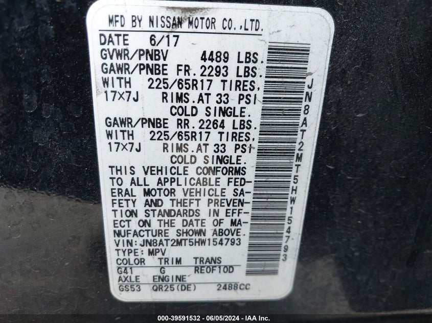 2017 Nissan Rogue S VIN: JN8AT2MT5HW154793 Lot: 39591532