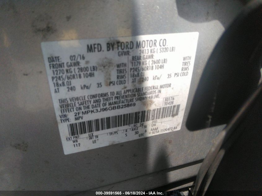 2016 Ford Edge Sel VIN: 2FMPK3J96GBB25869 Lot: 39591565