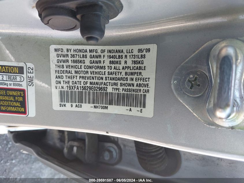 2009 Honda Civic Lx-S VIN: 19XFA15629E029692 Lot: 39591587