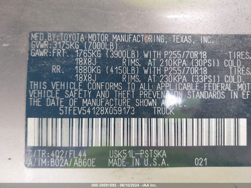 2008 Toyota Tundra Sr5 5.7L V8 VIN: 5TFEV54128X059173 Lot: 39591592