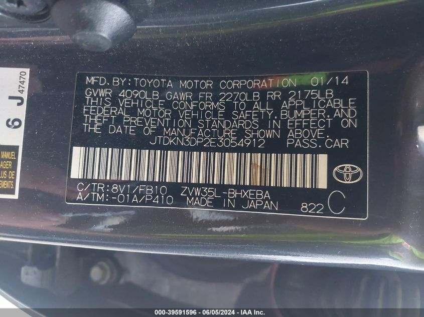 2014 Toyota Prius Plug-In VIN: JTDKN3DP2E3054912 Lot: 39591596