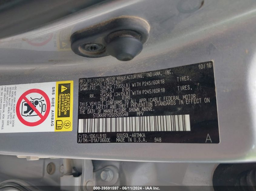 2016 Toyota Highlander Xle V6 VIN: 5TDKKRFH2GS505548 Lot: 39591597