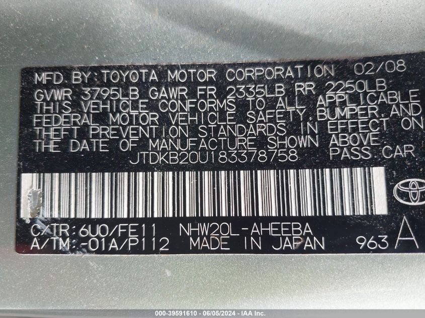 2008 Toyota Prius VIN: JTDKB20U183378758 Lot: 39591610