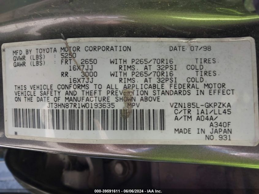 1998 Toyota 4Runner Sr5 V6 Limited VIN: JT3HN87R1W0193635 Lot: 39591611