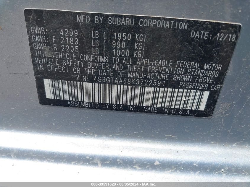 2019 SUBARU IMPREZA 2.0I - 4S3GTAA68K3722591