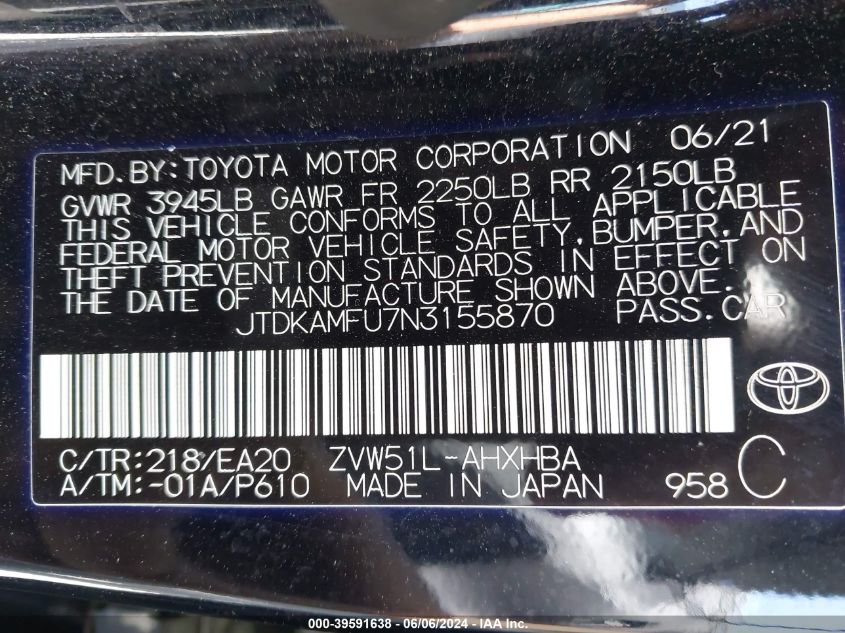 2022 Toyota Prius Xle VIN: JTDKAMFU7N3155870 Lot: 39591638