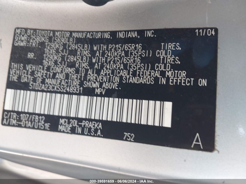 2005 Toyota Sienna Le VIN: 5TDZA23CX5S248931 Lot: 39591659