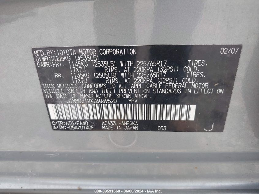 2007 Toyota Rav4 Limited VIN: JTMBD31VX76039520 Lot: 39591660