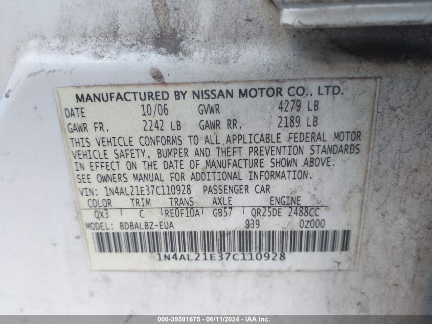 2007 Nissan Altima 2.5 S VIN: 1N4AL21E37C110928 Lot: 39591675