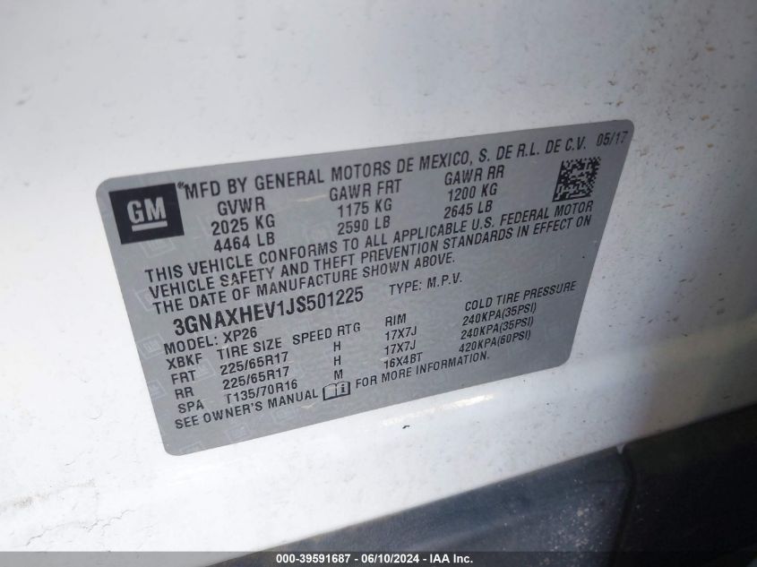2018 Chevrolet Equinox Ls VIN: 3GNAXHEV1JS501225 Lot: 39591687